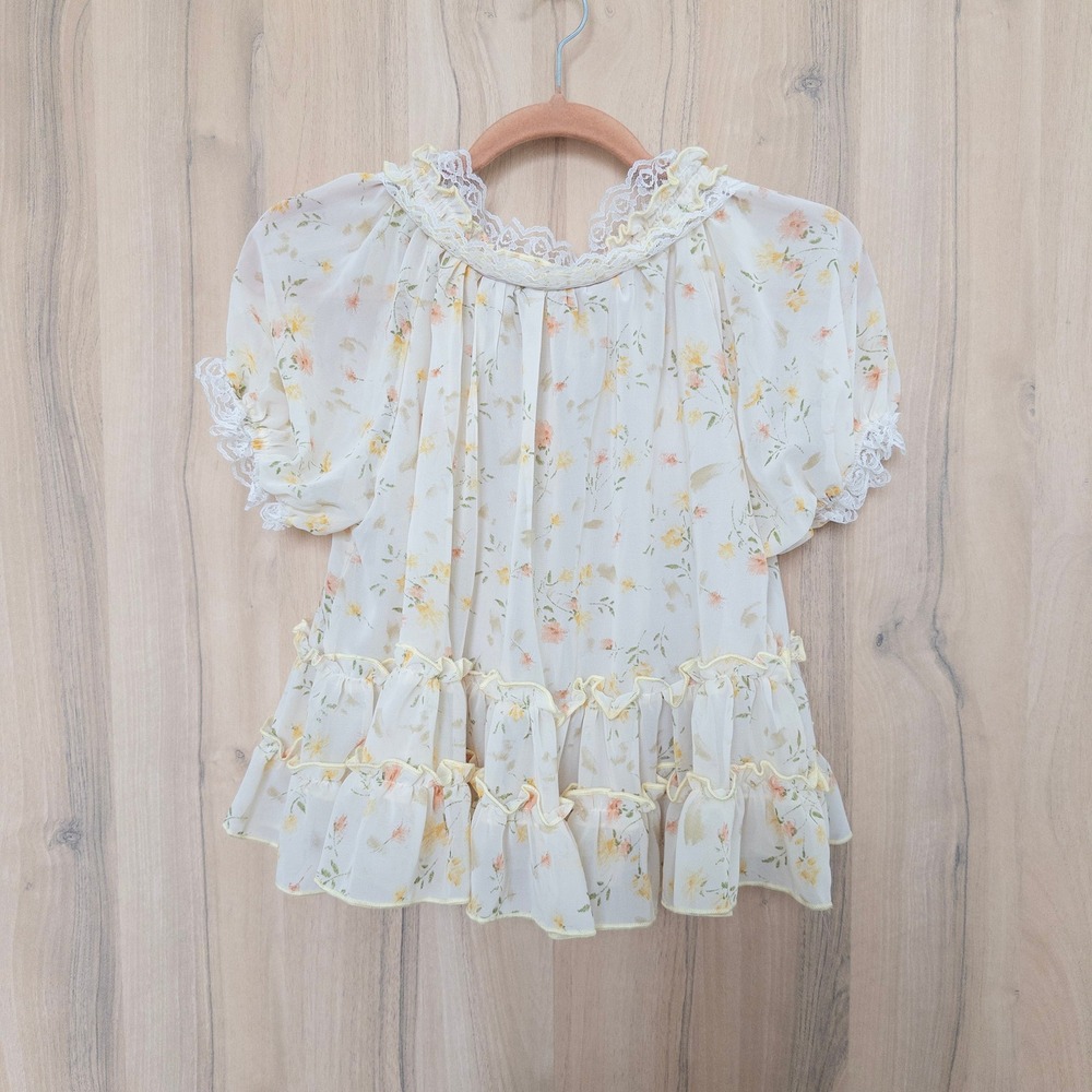 Womens Floral Ruffle Blouse Small Butter Yellow Lace Tiered Chiffon Cottage Doll